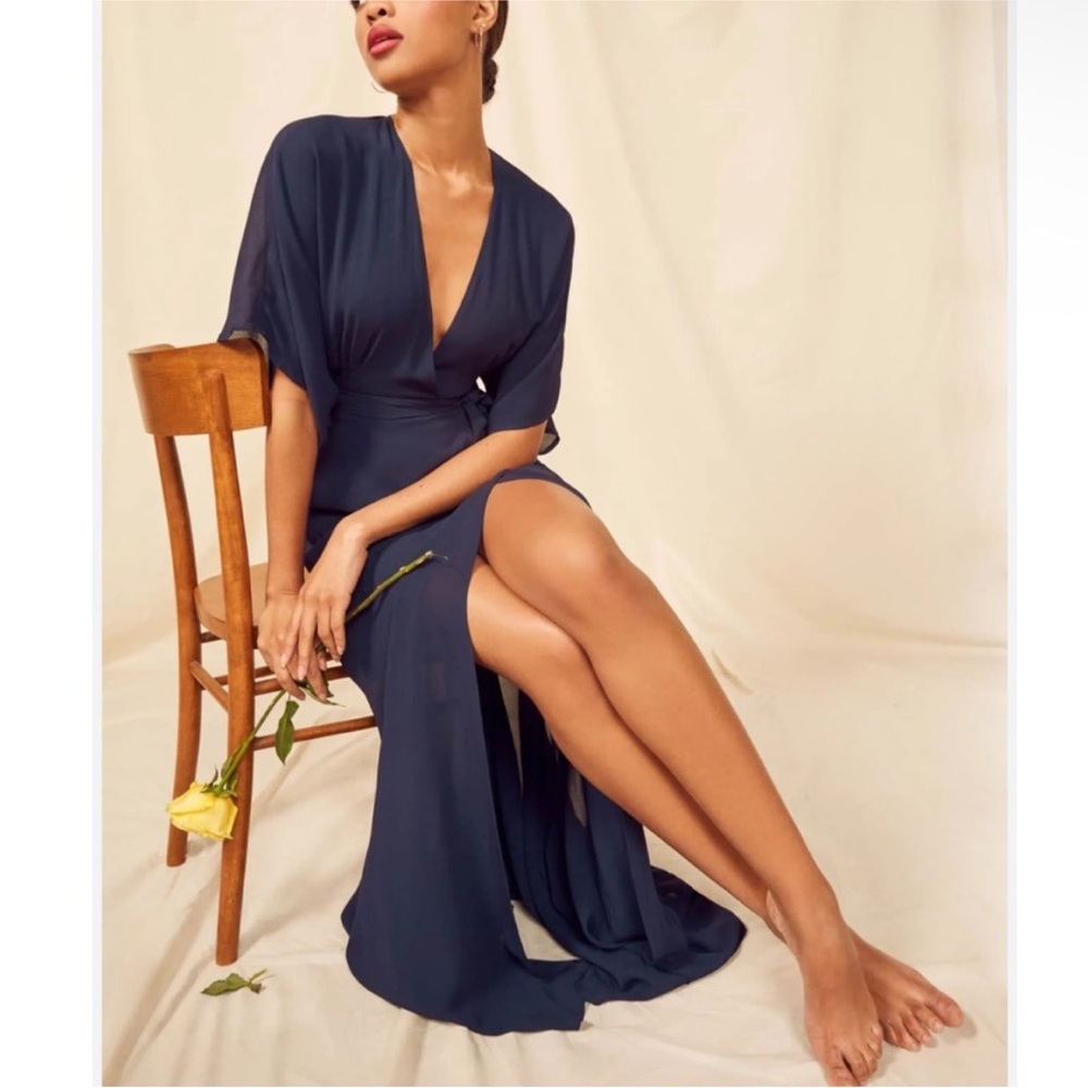 Reformation Winslow Navy Wrap Maxi Dress with Slit Detail